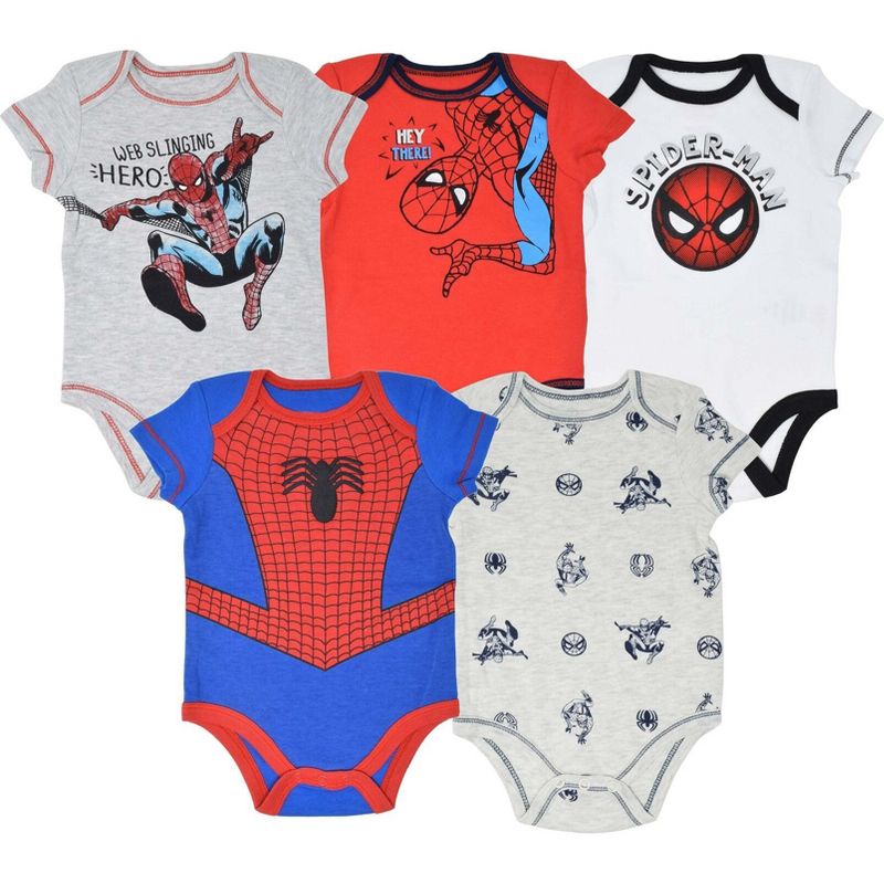 Marvel Avengers Spider-Man 5 Pack Short Sleeve Bodysuits Newborn to Infant, 1 of 10