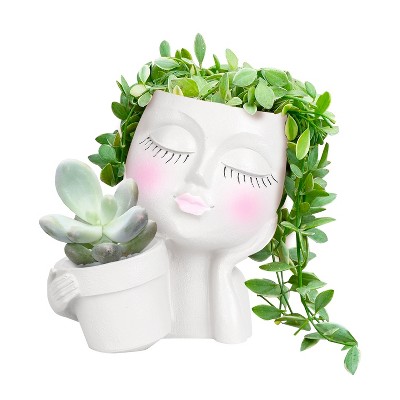 iMountek"Girl Face Planter Pot with Dual Openings, Drainage Hole for Succulents, Cactus, Resin Decor"Khaki White