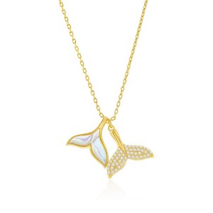Bella Silver Sterling Silver, MOP & CZ, Double Whale Tail Necklace - Gold Plated - Gold - 16+2 Inch - 1 of 2
