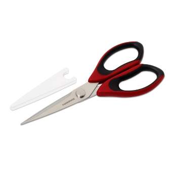 Farberware Professional High Carbon Stainless Steel Kitchen Shears With Safety Blade Cover & Non-Slip Handles, Black Red