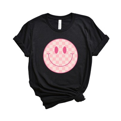 Simply Sage Market Women's Pink Checker Smiley Face Short Sleeve Graphic Tee