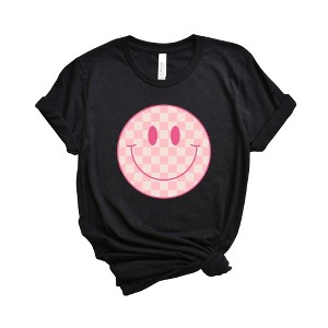 Simply Sage Market Women's Pink Checker Smiley Face Short Sleeve Graphic Tee - 1 of 2