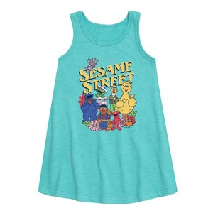 Girls' - Sesame Street - SS Group Flowers -Toddler And Youth Girls Short Sleeve Aline Dress Graphic Sleeveless Aline Dress - 1 of 2