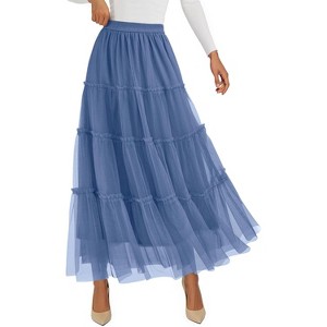 Tulle Skirts for Women 2025 Fall Fashion Elastic High Waisted Fairy Tiered Flowy A-Line Casual Maxi Long Skirt Grey Blue - 1 of 4