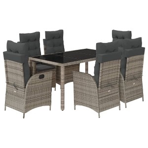 vidaXL 7 Piece Patio Dining Set - Poly Rattan, Adjustable Reclining Chairs & Tempered Glass Table, Gray - 1 of 4