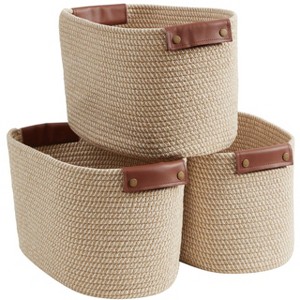 Ornavo Home 3 Pack Cotton Rope Shelf Storage Basket with Faux Leather Handles - 1 of 4