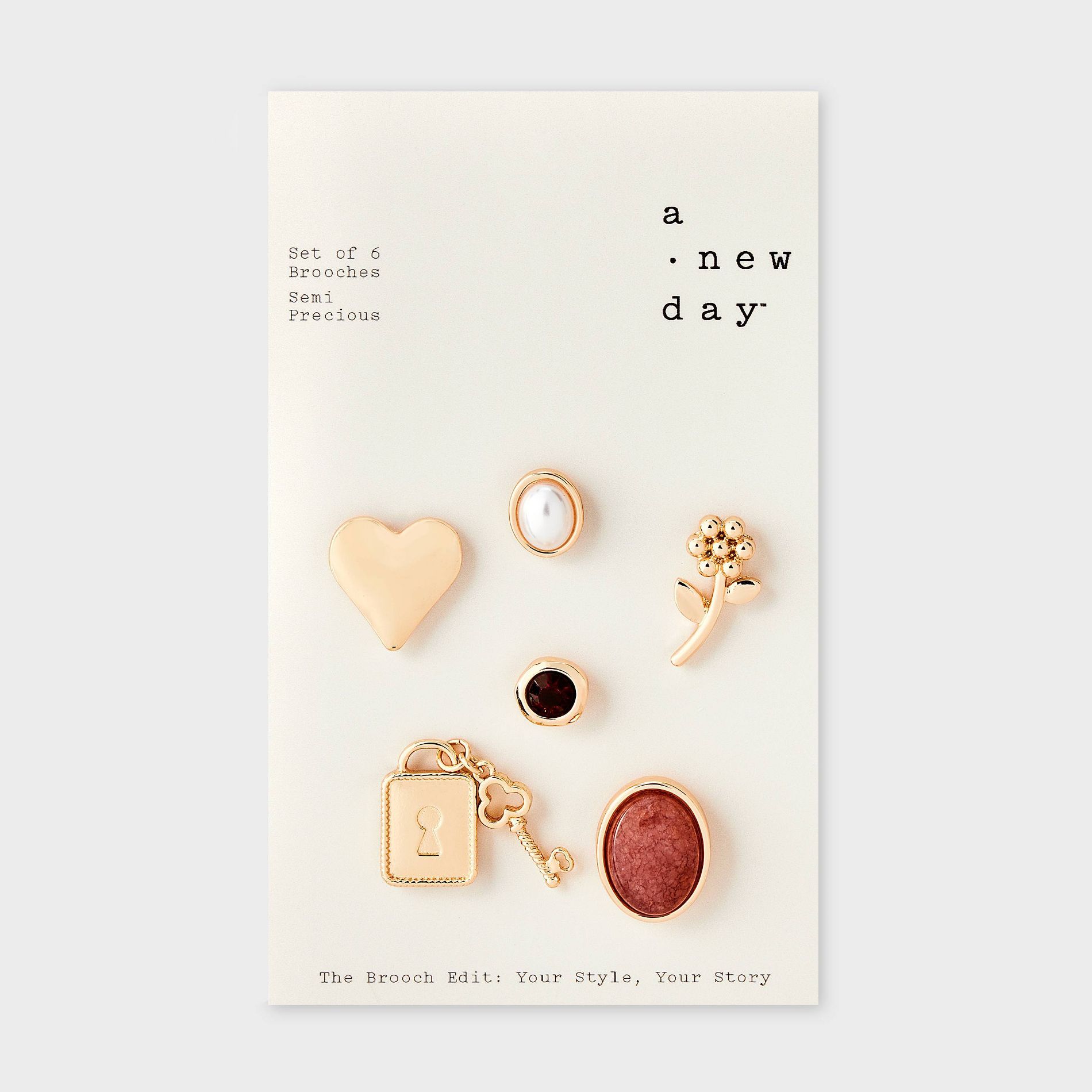 Lock & Key Heart with Flower Brooch Pin Set 6pc - A New Day™