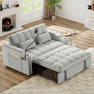 54.7'' Velvet Foldable Recliner Double Seat Sleeper Sofa with USB Port, Side Pockets, and Adjustable Backrest - 1 of 4
