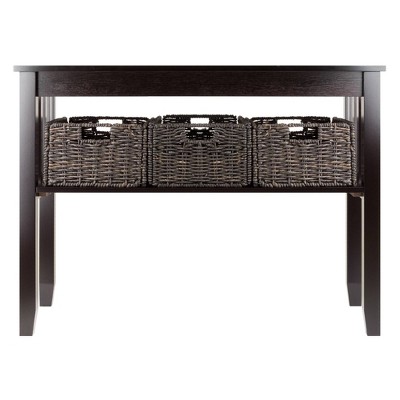 Transitional Espresso Brown Rectangular Console Table with Glass Top & Storage Baskets