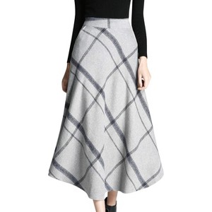 Women's Wool Plaid A-Line Skirt - Winter Warm Elastic Waist Pleated Long Skirt Gray - 1 of 4