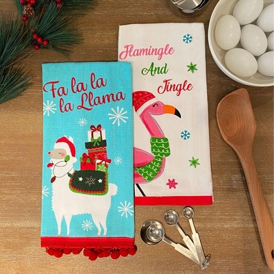 Fa la Llama Pom Pom and Flamingle and Jingle Cotton Christmas Holiday Kitchen Towels/Dish Towels/Hand Towels - Set of 2 - Elrene Home Fashions