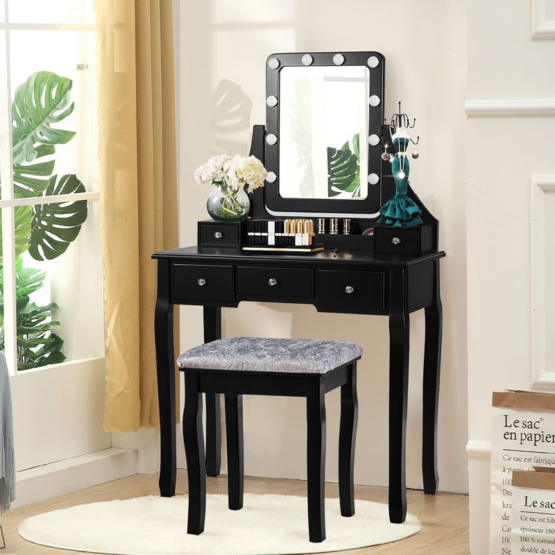 Costway Vanity Dressing Table Set w/ 10 Dimmable Bulbs Touch Switch Cushion Stool White\Black\Brown, 2 of 11