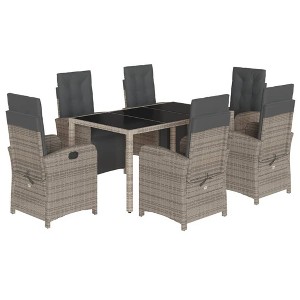 vidaXL 7 Piece Patio Dining Set - Gray Poly Rattan, Cushions, Adjustable Reclining Chairs, Glass Tabletop, Outdoor Furniture for Garden/Patio/Deck - 1 of 4