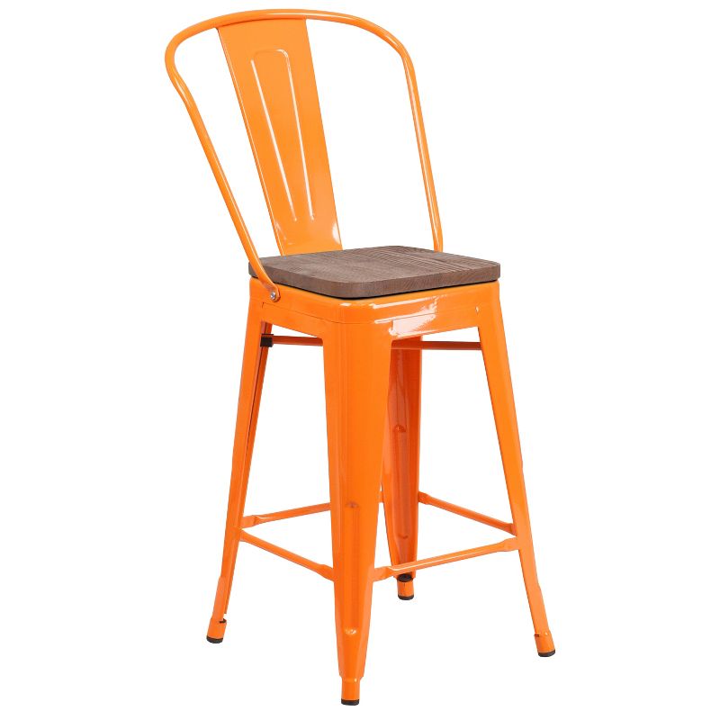 Merrick Lane Metal Dining Stool with Curved Slatted Back and Textured Wood Seat, 1 of 13