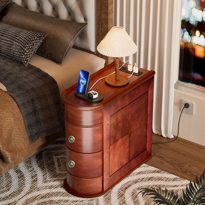 Teak Brown Half-round Wood End Table with Storage