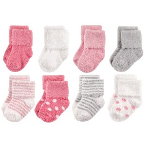 Hudson Baby Infant Girl Cotton Rich Newborn and Terry Socks, Dots Stripes - 1 of 1