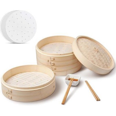 Vdomus 10.6 Inch 3-Tier Wooden Dumpling Steamer, 50pcs Oil Liner, 2 Set Chopsticks, 1 Small Square Dish Bowl -Brown