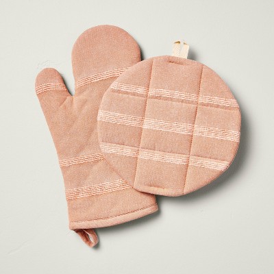 2pc Textured Stripe Oven Mitt Set Gingham Blush - Hearth & Hand™ with Magnolia