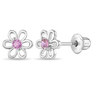 Girl's Spring Cubic Zirconia Flower Screw Back Sterling Silver Earrings - In Season Jewelry - 1 of 4
