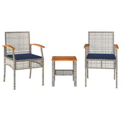 vidaXL 3 Piece Bistro Set with Cushions Gray Poly Rattan Acacia Wood