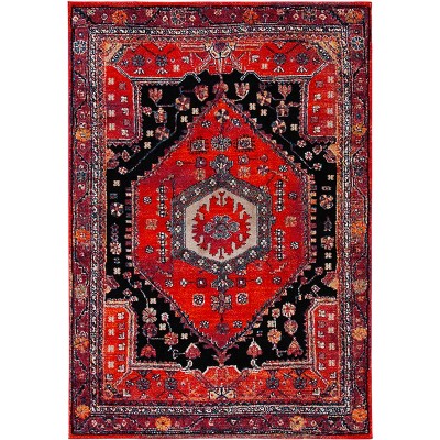 Vintage Red and Black Synthetic Oriental Area Rug, 5'3" x 7'6"