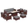 Sonkuki 8 Pieces Patio Sofa with Rectangle Fire Pit Table and Ottomans, Wicker Conversation Couch, Light Gray Cushion - 2 of 4