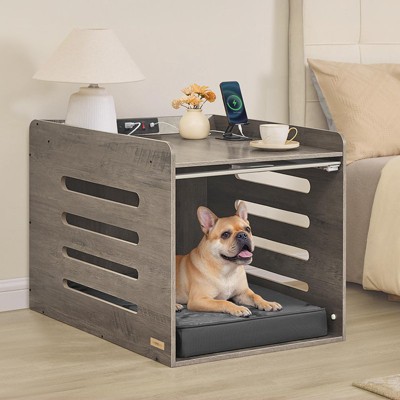 Modern Dog Crate Furniture with Charging Station & Hidden Acrylic Door ¨C Side Table for Small/Medium Dogs up to 45 lb