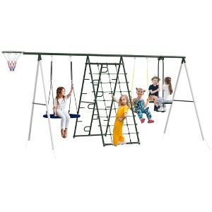 Okak 5-IN-1 Backyard Swing Set with Heavy-Duty A-Frame Stand, Outdoor Swing with Saucer Swing, Slide, Glider, Basketball Hoop and Net, Multicolored - 1 of 4