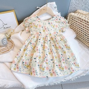 MyKids-USA Baby Girl Floral Print O-Neck Puff-Sleeved Short Dress - 1 of 4