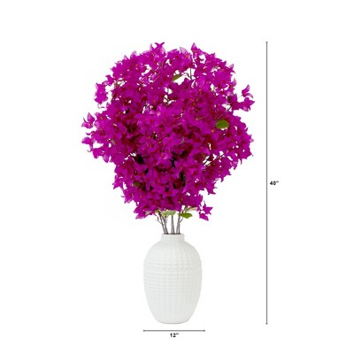 White Ceramic Vase with Purple Bougainvillea Floral Arrangement