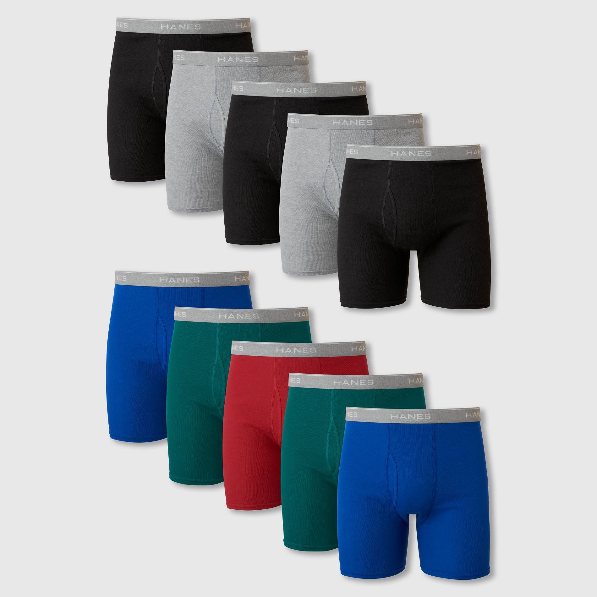 Hanes Red Label Men's Super Value Boxer Briefs 10pk - Black/Gray/Green M: Tagless, Breathable, Moisture Wicking