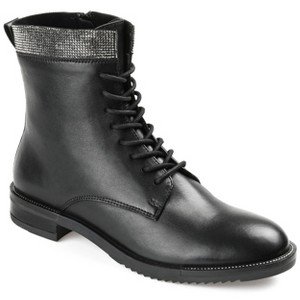 Journee Signature Womens Genuine Leather Natara Round Toe Stacked Combat Booties - 1 of 4