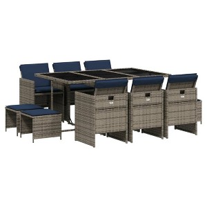 vidaXL Patio Dining Set with Cushions - 11 Piece Gray Poly Rattan Outdoor Garden Table and Chairs Furniture, Compact Storage, Tempered Glass Top - 1 of 4