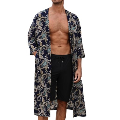 Men's Lightweight Robe Jackets Paisley Printed Bathrobes Open Front Long Cardigan with Pockets