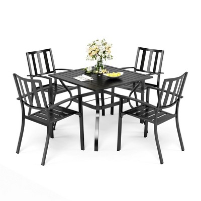 Captiva Designs 5pc Patio Slat-top Square Steel Dining Table with Umbrella Hole & Metal Arm Chairs
