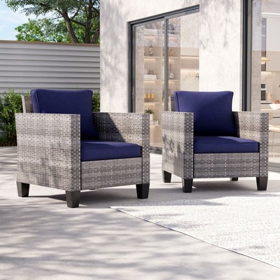 Sonkuki Outdoor 2 PCS Patio Rattan Furniture Set 2 Rattan Chair W/Soft Cushions