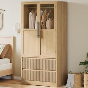 65.9" Wooden Armoire Wardrobe Closet with Wood Doors, Freestanding Large Clothing Storage Cabinet with Shelves, 2 Drawers & Hanging Rod for Bedroom - 1 of 4