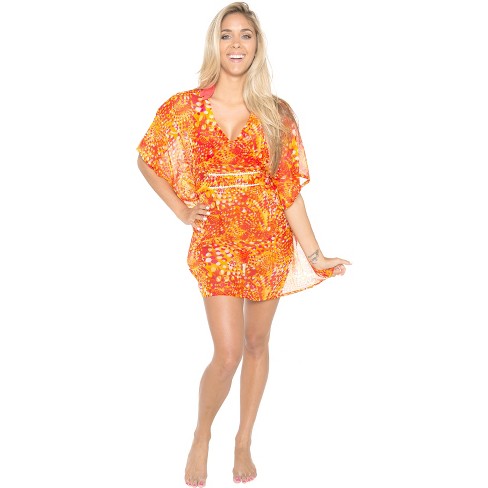 LA LEELA Women's Beachwear Swimsuit Coverups for Women Summer Swim Beach Dress Cover Ups for Swimwear Women Holiday Bathing Suit 1X-2X Orange,Abstract - image 1 of 4