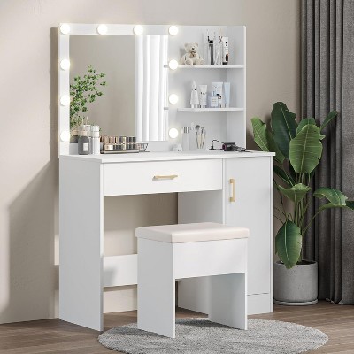 WAYES Makeup Vanity Set with Lighted Mirror, Charging Station, and Storage Stool - 3-Foot Vanity Desk for Bedroom, White