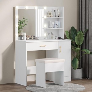 WAYES Makeup Vanity Set with Lighted Mirror, Charging Station, and Storage Stool - 3-Foot Vanity Desk for Bedroom, White - 1 of 4