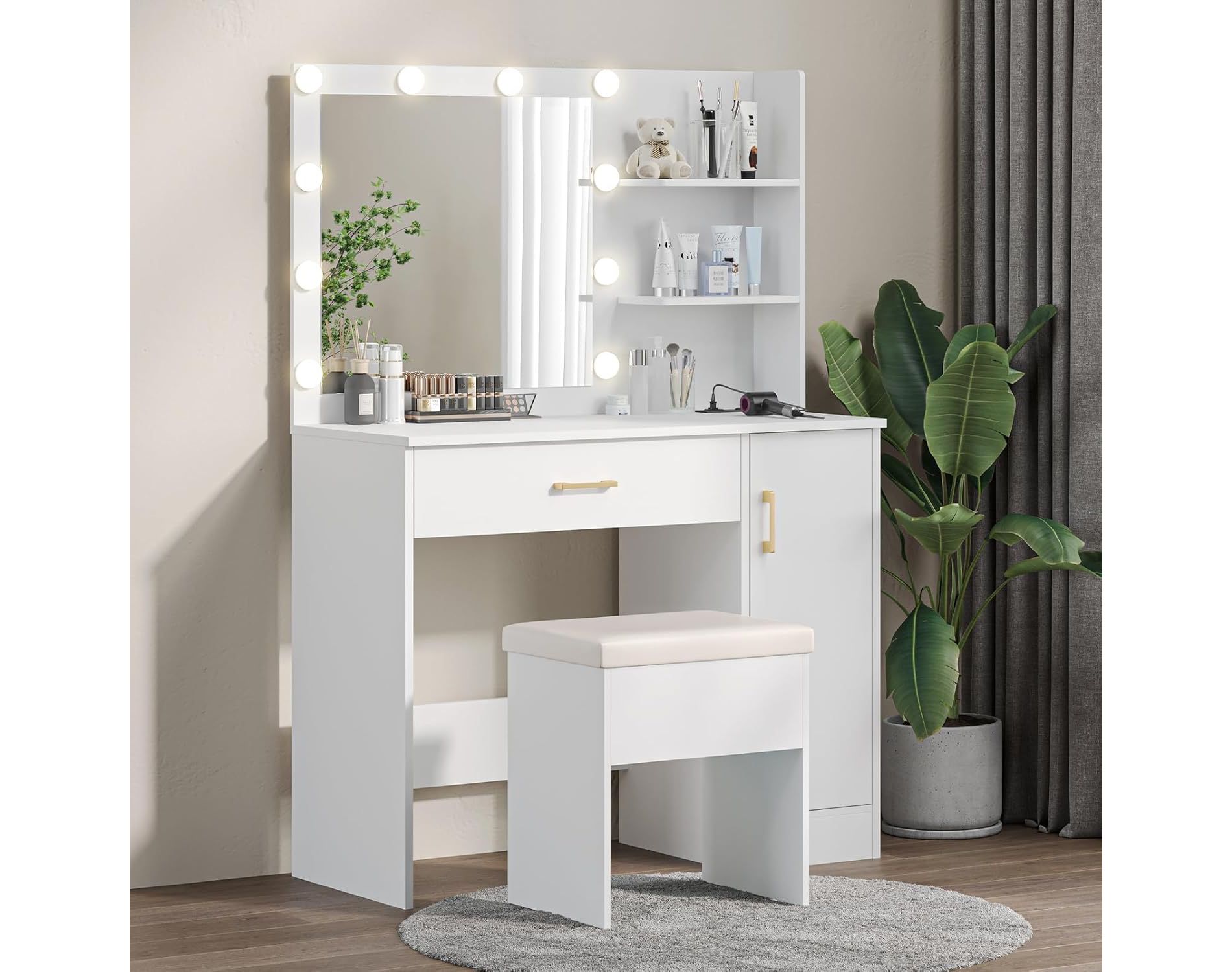 WAYES Makeup Vanity Set with Lighted Mirror, Charging Station, and Storage Stool - 3-Foot Vanity Desk for Bedroom, White