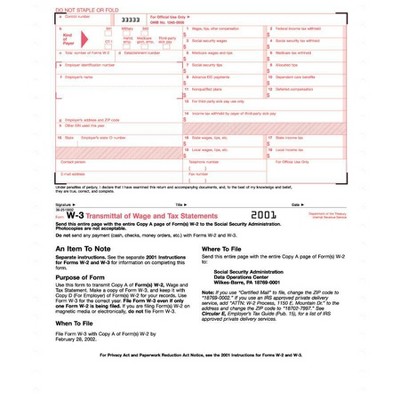 Tops W-3 Tax Form 2-Pt Form With Carbons 10/PK 2203