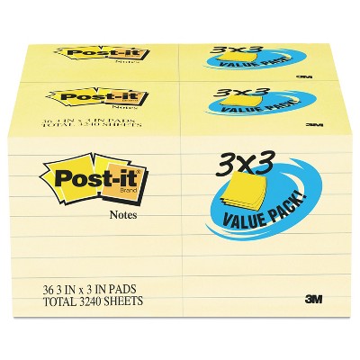 Post-It Note Pad 3 x 3 Canary 100 Sheets 36/Pack 65436VAD90