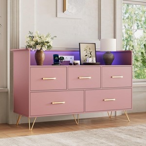 47" Modern Dresser with Built-In Lights & Charging Station - 5 Smooth-Gliding Drawer Wood Chest for Bedroom, Living Room, Entryway - 1 of 4