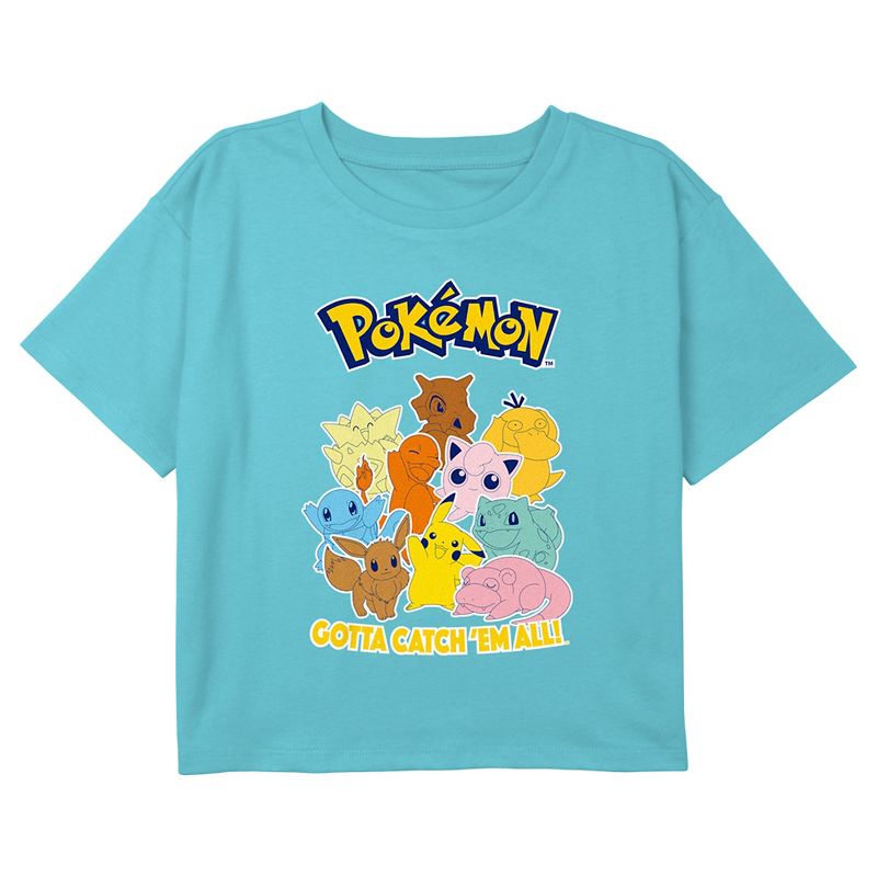 Girl's Pokemon Colorful Gotta Catch 'Em All Group Crop Top T-Shirt, 1 of 4