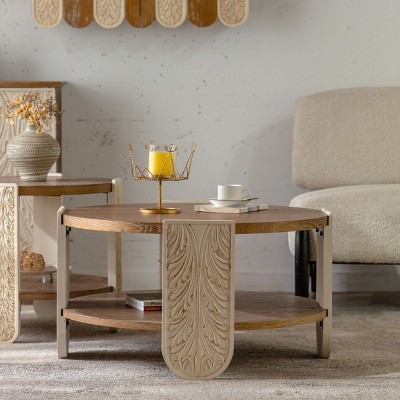 Carved Round Wooden Coffee Table with Double-Layer Storage,Solid Wood Retro End Table for Living Room or Bedroom–The Pop Home