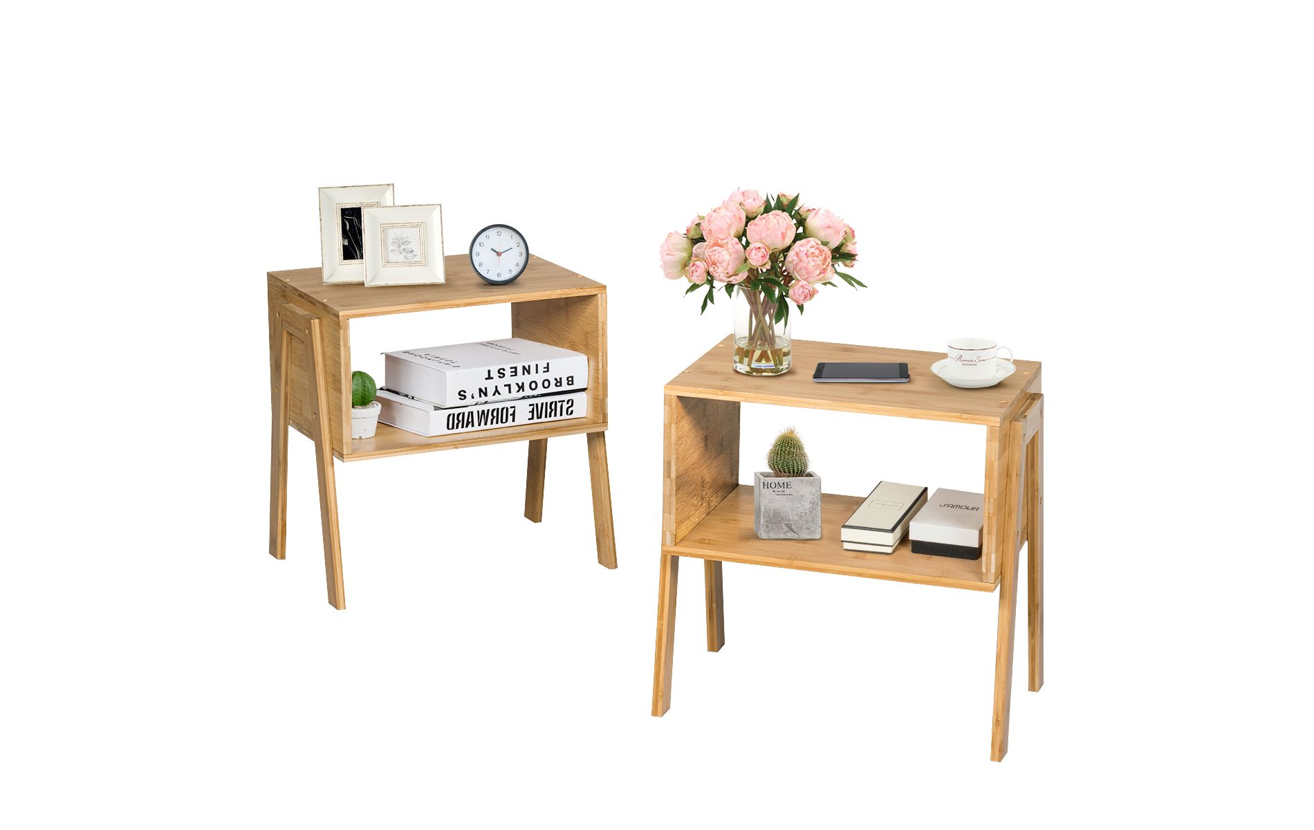 Costway Set of 2 Bamboo Nightstand Stackable Sofa Table Bedside Table with Storage Shelf