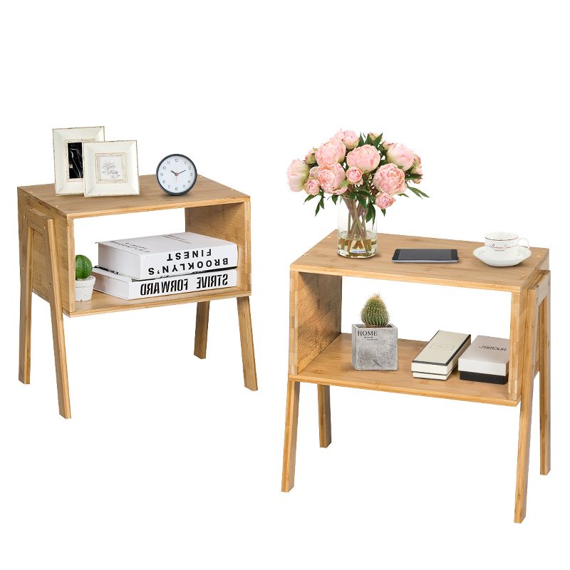 Costway Set of 2 Bamboo Nightstand Stackable Sofa Table Bedside Table with Storage Shelf, 1 of 11