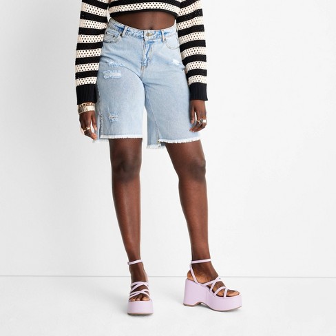 Women's Lightly Distressed Bermuda Denim Shorts - Future Collective™ with Alani Noelle Medium Wash - image 1 of 3