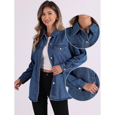 Женская куртка Allegra K Collar Button Down Long Sleeve Casual Solid Denim Oversized Jacket Small Blue, цвет: Джинсовый — фото 2